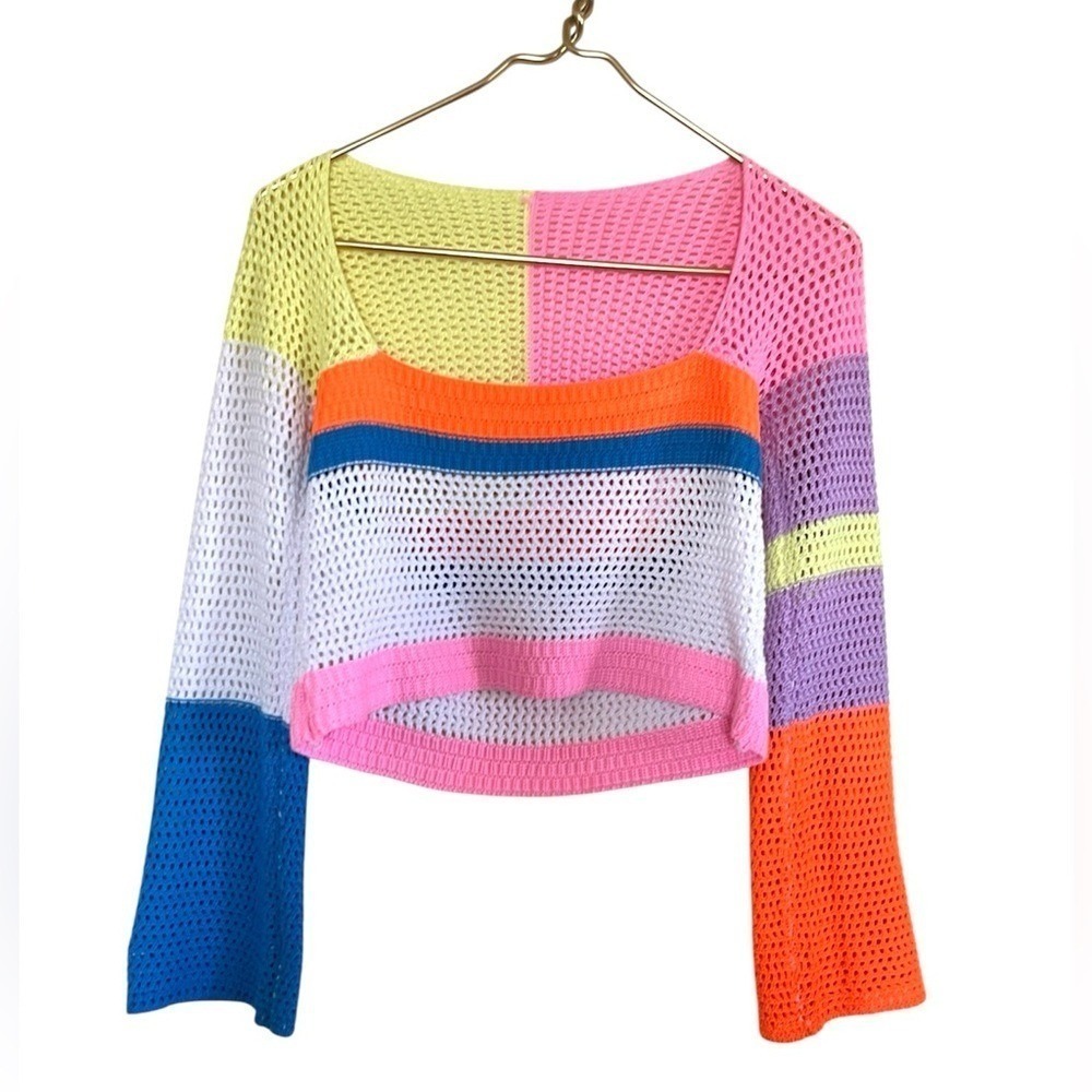 Multicolor Crochet Knit Colorblock Crop Top Square Neck Long Sleeve Small - Picture 9 of 9